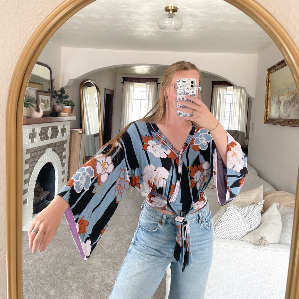 Free People Boho Floral Kimono Sleeve Top
